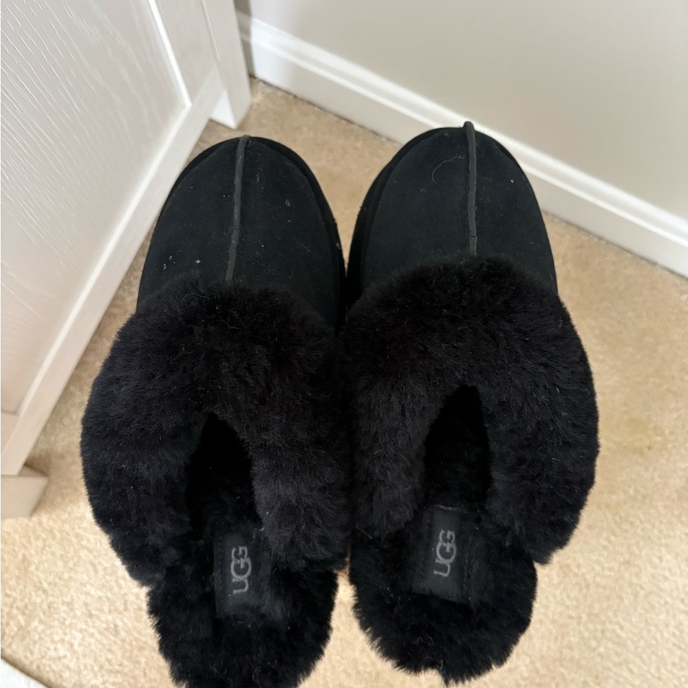 UGG Platform Black Furry Slip-Ons